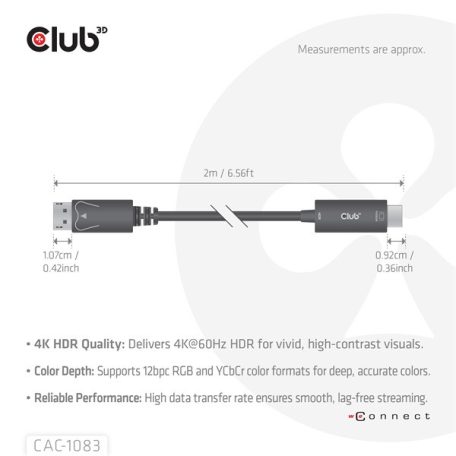 Club 3D Kábel - CAC-1083 (DisplayPort 1.4 to HDMI 2.0, aktív adapter, 4K60Hz, HDR, 2m)