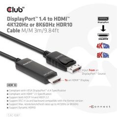   Club 3D Kábel - CAC-1087 (DisplayPort 1.4 to HDMI 8K60Hz HDR10, 3m, M/M)
