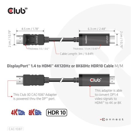 Club 3D Kábel - CAC-1087 (DisplayPort 1.4 to HDMI 8K60Hz HDR10, 3m, M/M)
