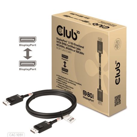 Club 3D Kábel - CAC-1091 (DisplayPort 2.1,  DP80, 4K240Hz, 1.2m, Bidirectional, M/M)