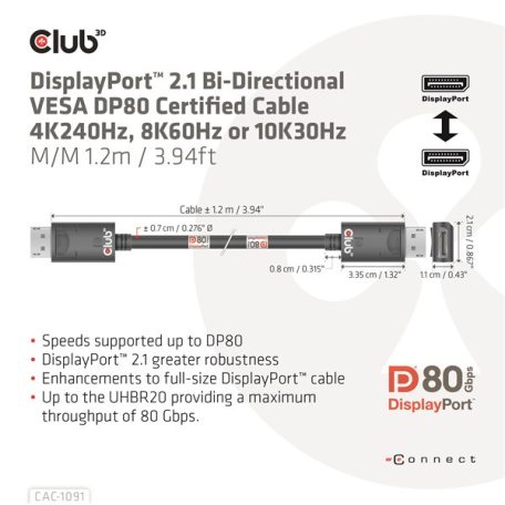 Club 3D Kábel - CAC-1091 (DisplayPort 2.1,  DP80, 4K240Hz, 1.2m, Bidirectional, M/M)