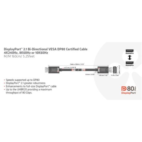 Club 3D Kábel - CAC-1091 (DisplayPort 2.1,  DP80, 4K240Hz, 1.2m, Bidirectional, M/M)