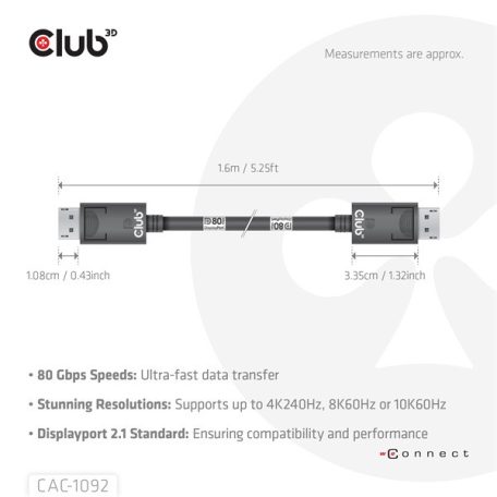 Club 3D Kábel - CAC-1092 (DisplayPort 2.1, DP80, 8K240Hz, 1.6m, Bi-Directional, M/M)