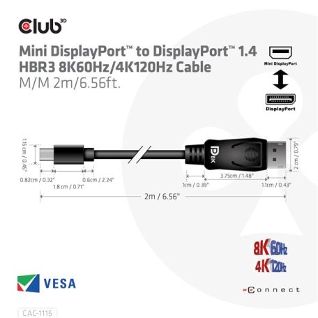 Club 3D Kábel - CAC-1115 (Mini DisplayPort to DisplayPort 1.4 HBR3, 8K60Hz/4K120Hz, 2m, kétirányú)