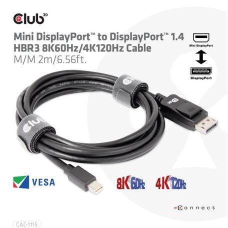 Club 3D Kábel - CAC-1115 (Mini DisplayPort to DisplayPort 1.4 HBR3, 8K60Hz/4K120Hz, 2m, kétirányú)