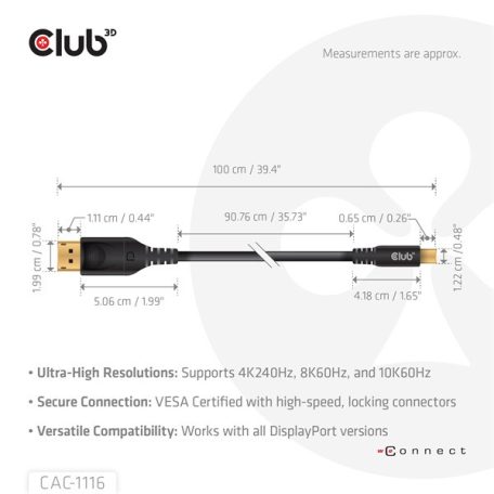 Club 3D Kábel - CAC-1116 (Mini DisplayPort to DisplayPort, DP80, Bidirektional, VESA, 4K240Hz, 8K60Hz, 10K60Hz, 1m)