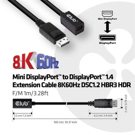 Club 3D Kábel - CAC-1120 (Mini DisplayPort 1.4 to DisplayPort, 8K60Hz, DSC1.2, HBR3, HDR, 1m, F/M, Kétirányú)