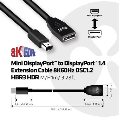 Club 3D Kábel - CAC-1121 (Mini DisplayPort 1.4 to DisplayPort 8K60Hz, 1m, DSC1.2, HBR3, HDR, M/F, Bidirectional)