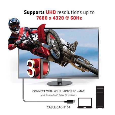 Club 3D Kábel - CAC-1164 (Mini DisplayPort 1.4, 8K60Hz, 34 AWG, 2m, M/M, 32.4Gbps, DSC)