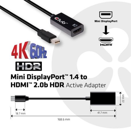 Club 3D Átalakító - CAC-1180 (Mini DisplayPort 1.4 to HDMI 2.0, 4K60Hz, HDR, 3D, 16bpc)
