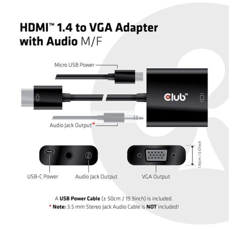Club 3D Átalakító - CAC-1302 (HDMI 1.4 to VGA + Audio, 1080p@60Hz, Micro USB power)