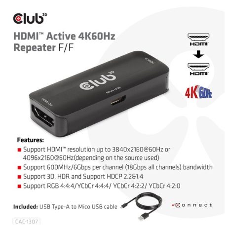 Club 3D Átalakító - CAC-1307 (HDMI aktív ismétlő 4K60Hz, Micro USB tápellátás, 18Gbps, 3D, HDR, HDCP 2.2&1.4)