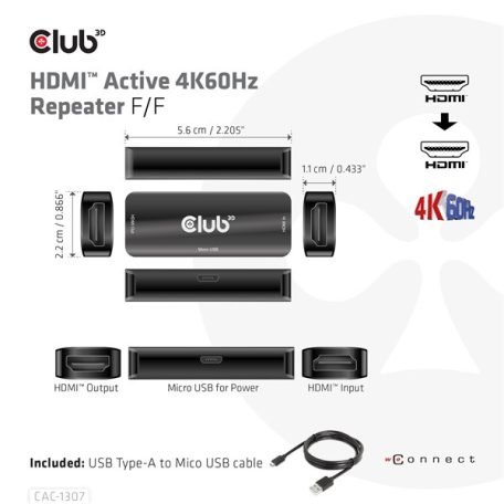 Club 3D Átalakító - CAC-1307 (HDMI aktív ismétlő 4K60Hz, Micro USB tápellátás, 18Gbps, 3D, HDR, HDCP 2.2&1.4)