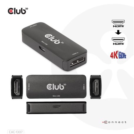 Club 3D Átalakító - CAC-1307 (HDMI aktív ismétlő 4K60Hz, Micro USB tápellátás, 18Gbps, 3D, HDR, HDCP 2.2&1.4)
