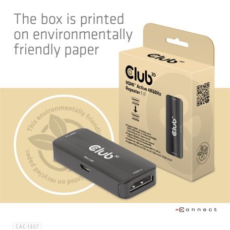 Club 3D Átalakító - CAC-1307 (HDMI aktív ismétlő 4K60Hz, Micro USB tápellátás, 18Gbps, 3D, HDR, HDCP 2.2&1.4)