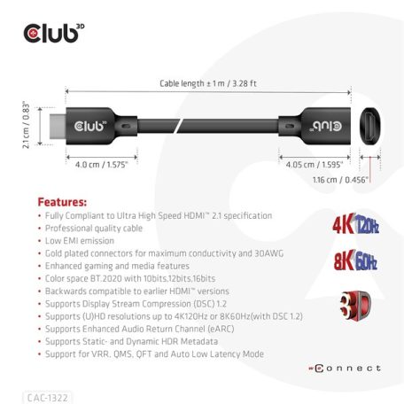 Club 3D Kábel - CAC-1322 (HDMI 2.1 Ultra High Speed, 4K120Hz 8K60Hz, 30AWG, 48Gbps, 1m, M/F)