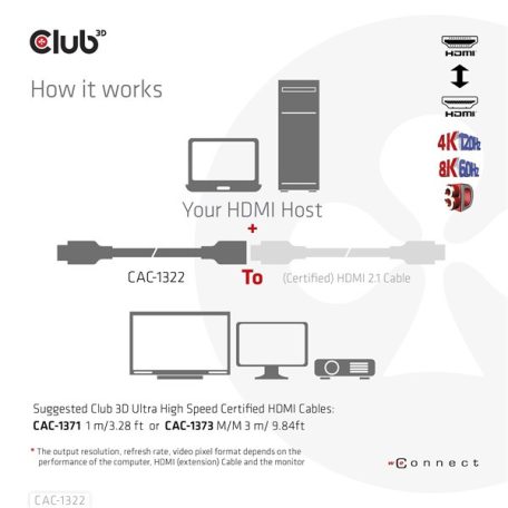 Club 3D Kábel - CAC-1322 (HDMI 2.1 Ultra High Speed, 4K120Hz 8K60Hz, 30AWG, 48Gbps, 1m, M/F)