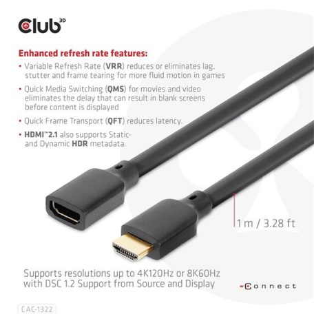 Club 3D Kábel - CAC-1322 (HDMI 2.1 Ultra High Speed, 4K120Hz 8K60Hz, 30AWG, 48Gbps, 1m, M/F)