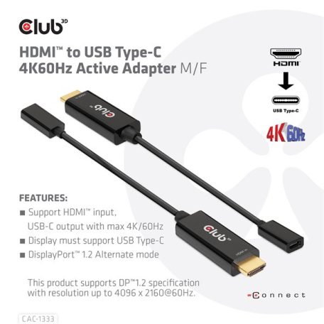 Club 3D Átalakító - CAC-1333 (HDMI to USB-C aktív, 4K60Hz, M/F)