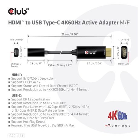 Club 3D Átalakító - CAC-1333 (HDMI to USB-C aktív, 4K60Hz, M/F)