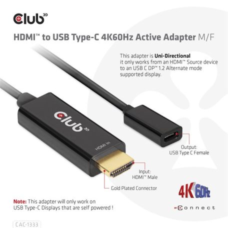 Club 3D Átalakító - CAC-1333 (HDMI to USB-C aktív, 4K60Hz, M/F)