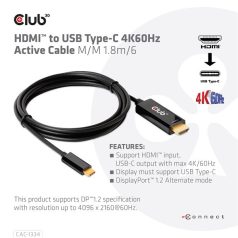   Club 3D Kábel - CAC-1334 (HDMI to USB-C, Aktív, M/M, 4K60Hz, 1.8m)