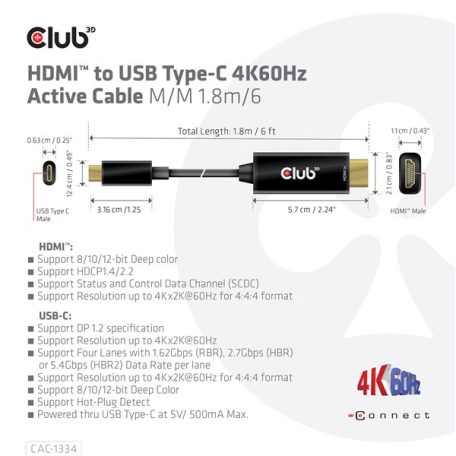 Club 3D Kábel - CAC-1334 (HDMI to USB-C, Aktív, M/M, 4K60Hz, 1.8m)