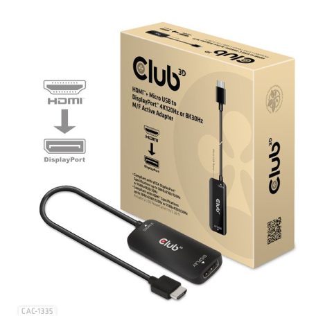 Club 3D Átalakító - CAC-1335 (HDMI+Micro USB to DisplayPort, 4K120Hz/8K30Hz, M/F, aktív)