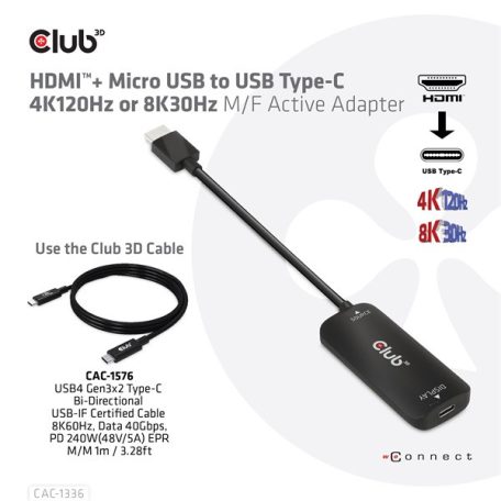 Club 3D Átalakító - CAC-1336 (HDMI+Micro USB to USB-C, 4K120Hz/8K30Hz)