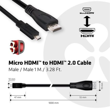 Club 3D Kábel - CAC-1351 (Micro HDMI to HDMI 2.0, 4K60Hz, 1m, Bi-Directional)