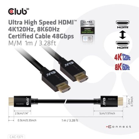 Club 3D Kábel - CAC-1371 (HDMI 2.1 Ultra High Speed, 4K120Hz, 8K60Hz, 48Gbps, M/M, 1m)