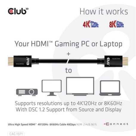 Club 3D Kábel - CAC-1371 (HDMI 2.1 Ultra High Speed, 4K120Hz, 8K60Hz, 48Gbps, M/M, 1m)