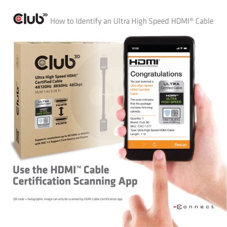 Club 3D Kábel - CAC-1371 (HDMI 2.1 Ultra High Speed, 4K120Hz, 8K60Hz, 48Gbps, M/M, 1m)