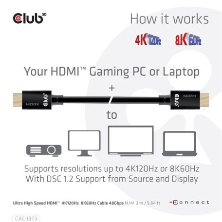 Club 3D Kábel - CAC-1373 (HDMI 2.1 Ultra High-Speed, 48Gbps, 4K120Hz, 8K60Hz, M/M, 3m)