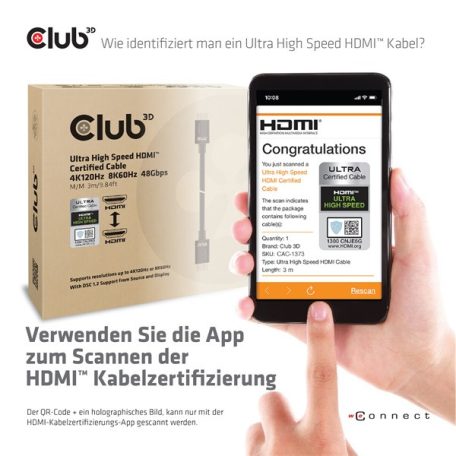 Club 3D Kábel - CAC-1373 (HDMI 2.1 Ultra High-Speed, 48Gbps, 4K120Hz, 8K60Hz, M/M, 3m)