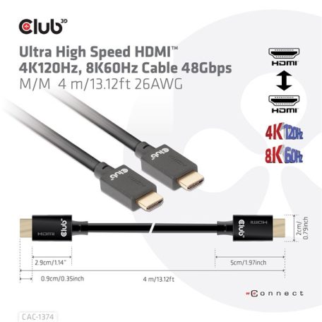 Club 3D Kábel - CAC-1374 (HDMI 2.1 Ultra High-Speed, M/M, 4K120Hz, 8K60Hz, 48Gbps, 4m, 26AWG)