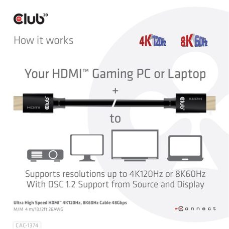 Club 3D Kábel - CAC-1374 (HDMI 2.1 Ultra High-Speed, M/M, 4K120Hz, 8K60Hz, 48Gbps, 4m, 26AWG)