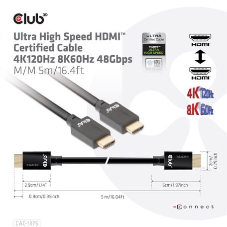 Club 3D Kábel - CAC-1375 (HDMI 2.1 Ultra High Speed, M/M, 4K120Hz, 8K60Hz, 48Gbps, 5m, VRR,QMS,QFT,eARC,HDR)