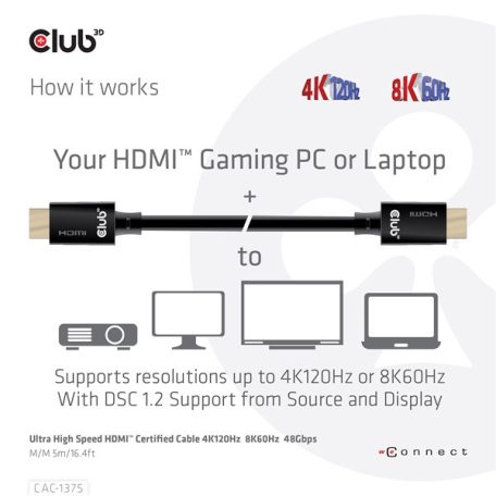Club 3D Kábel - CAC-1375 (HDMI 2.1 Ultra High Speed, M/M, 4K120Hz, 8K60Hz, 48Gbps, 5m, VRR,QMS,QFT,eARC,HDR)