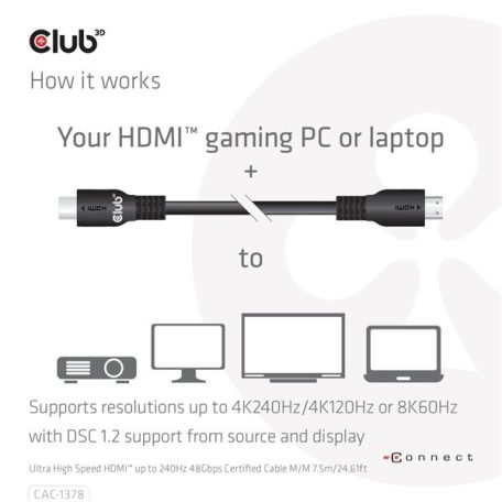 Club 3D Kábel - CAC-1378 (HDMI 2.1 Ultra High Speed, 240Hz, 48Gbps, M/M, 7.5m)