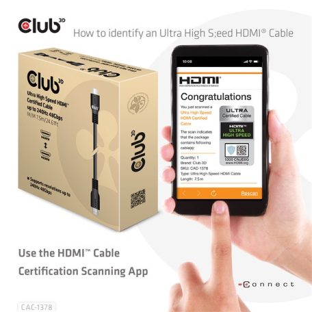 Club 3D Kábel - CAC-1378 (HDMI 2.1 Ultra High Speed, 240Hz, 48Gbps, M/M, 7.5m)
