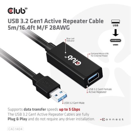 Club 3D kábel - CAC-1404 (3.2 USB-A, M/F, Active Repeater, 5Gbps, 5m)