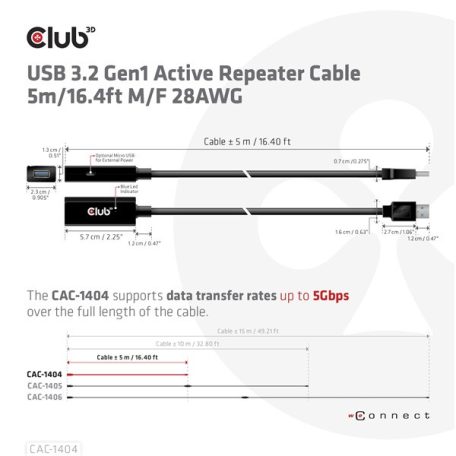 Club 3D kábel - CAC-1404 (3.2 USB-A, M/F, Active Repeater, 5Gbps, 5m)