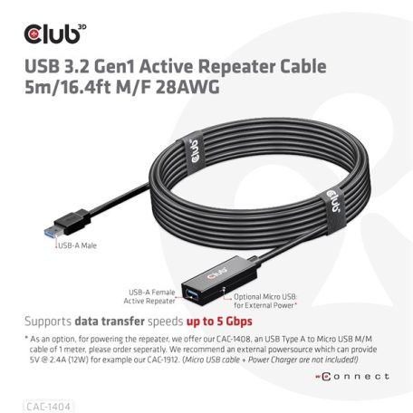 Club 3D kábel - CAC-1404 (3.2 USB-A, M/F, Active Repeater, 5Gbps, 5m)