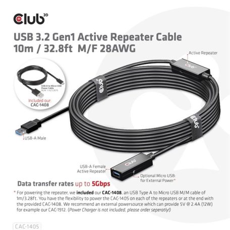 Club 3D kábel - CAC-1405 (3.2 USB-A, Active Repeater, 5Gbps, 10m)