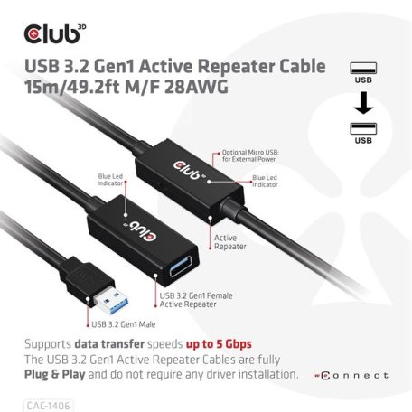Club 3D kábel - CAC-1406 (3.2 USB-A, Active Repeater, 5Gbps, 15m)