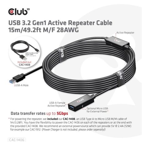 Club 3D kábel - CAC-1406 (3.2 USB-A, Active Repeater, 5Gbps, 15m)