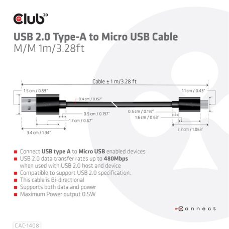 Club 3D kábel - CAC-1408 (2.0 USB-A, Micro USB, 5Gbps, 1m)