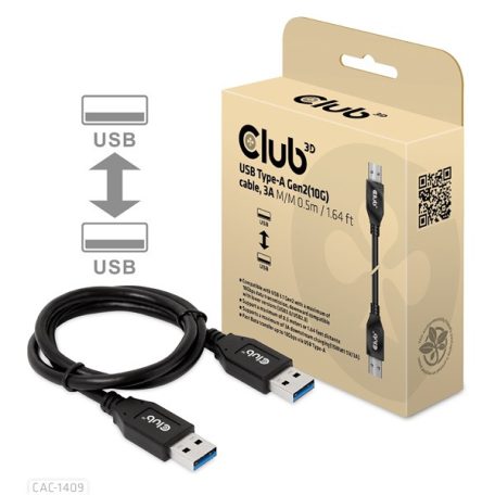 Club 3D kábel - CAC-1409 (USB-A Gen2, M/M, 10Gbps, 3A, 15W, 5V/3A, 0.5m)