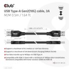 Club 3D kábel - CAC-1409 (USB-A Gen2, M/M, 10Gbps, 3A, 15W, 5V/3A, 0.5m)